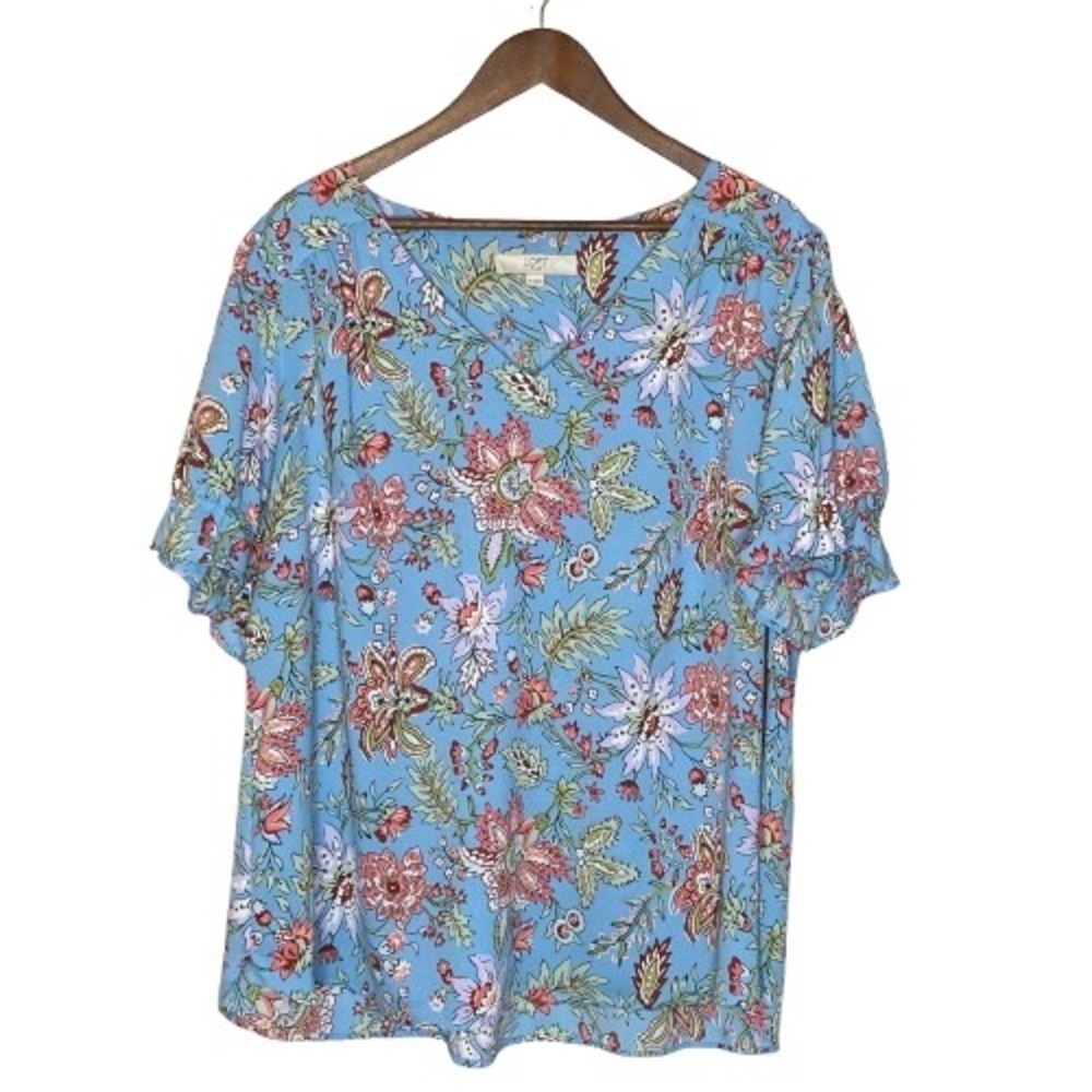 LOFT‎ Plus Womens Floral Short Sleeve Blouse Top Size 18 Blue Colorful Casual